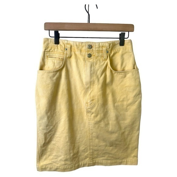 Jordache Dresses & Skirts - VTG Jordache Skirt Womens 8 Denim Jean Yellow Pencil Knee Length Pockets 80s 90s